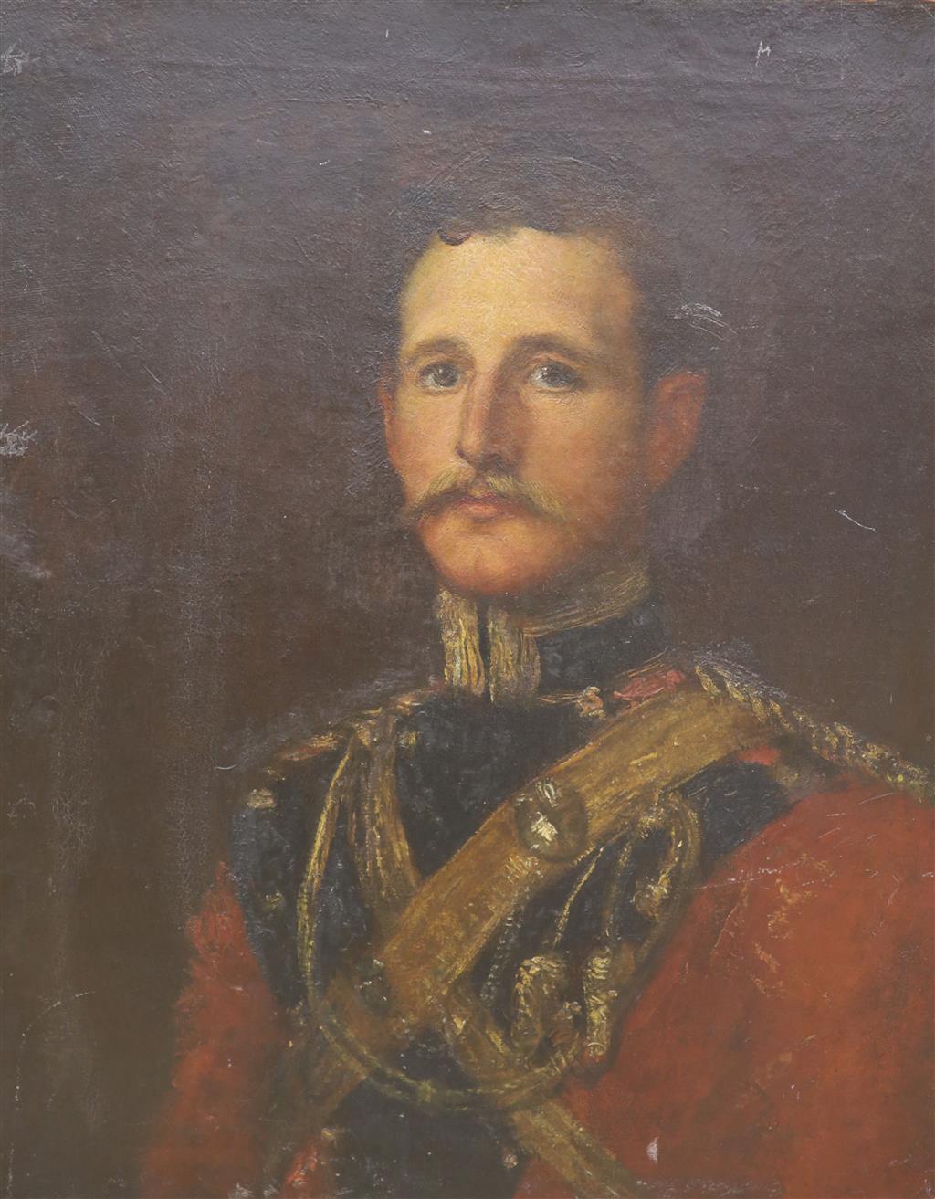 Victorian School, oil on canvas, Portrait of Colonel Guy Wyndham (1865-1941) in uniform, 66 x 53cm, unframed (brought up at Clouds, Pet